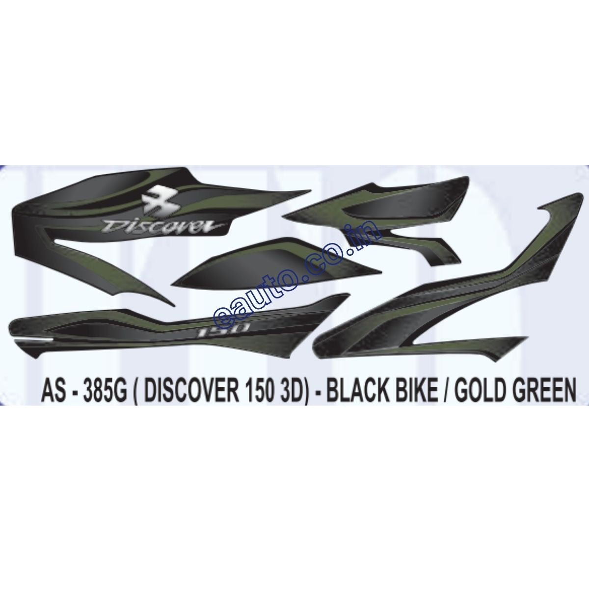 Graphics Sticker Set for Bajaj Discover 150 | 3D | Black Vehicle | Gold | Green Sticker | Both Sides