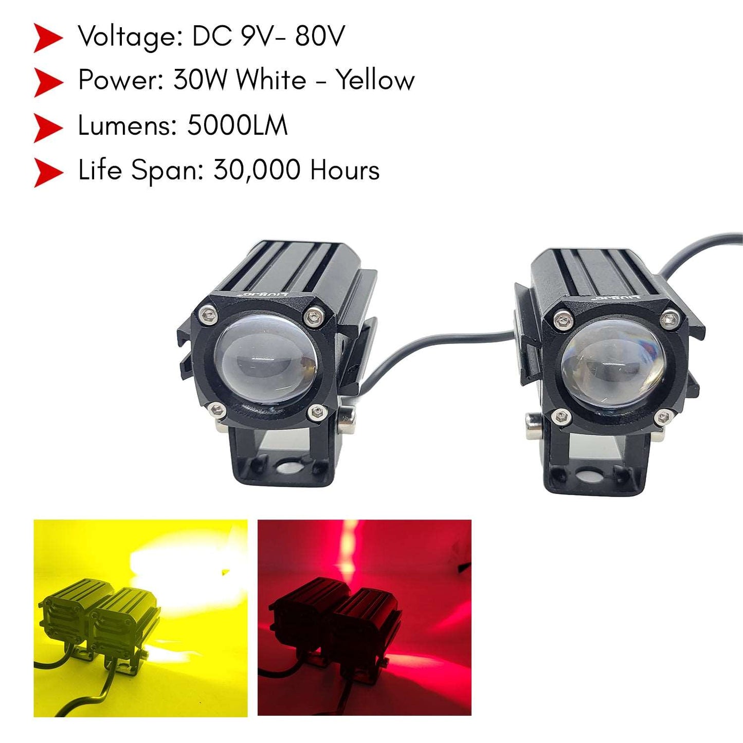 60W White and Yellow with RED Devil Eye Effect LED Driving Fog Lights Replacement for Jeep Motorcycle Tractor Truck ATV UTV SUV (2 Pack)