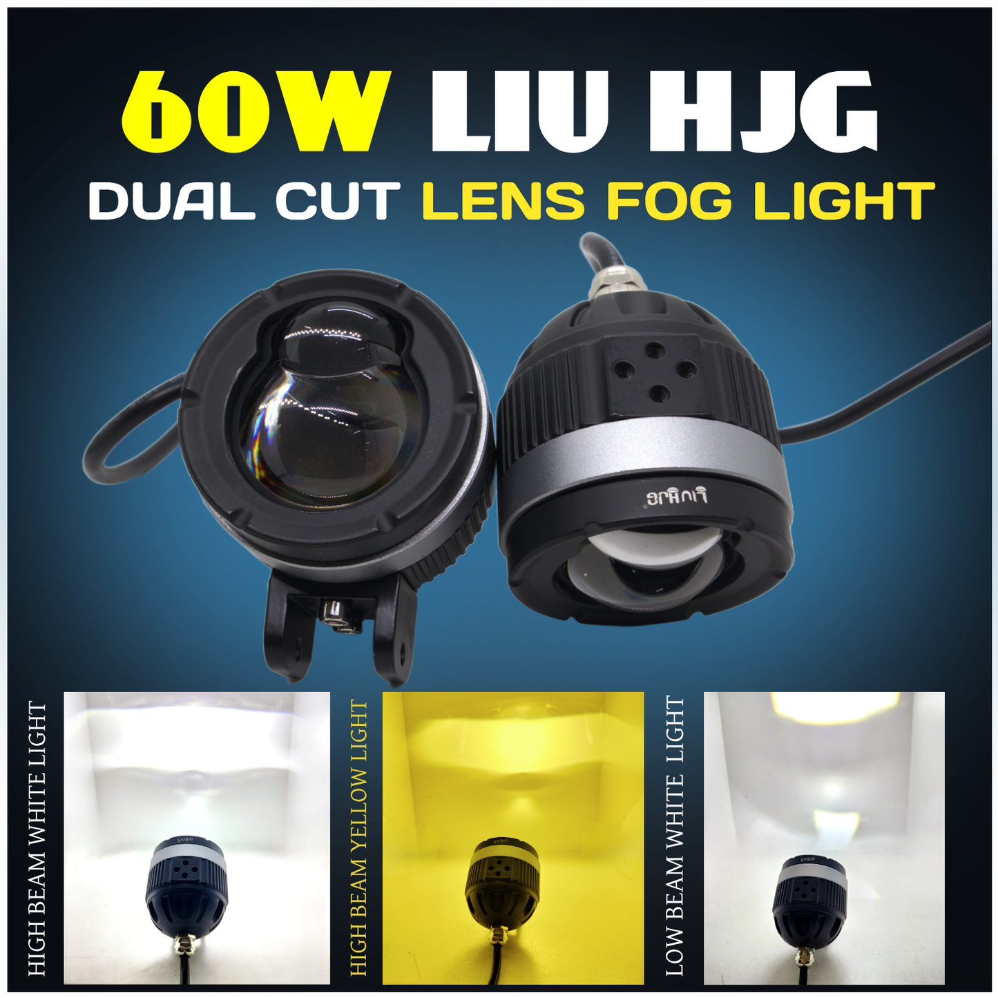 LIU HJG 60W Dual Lens Yellow/White Fog Light with Low/High Beam for Bikes & Cars (1 Set, DC12V-80V)