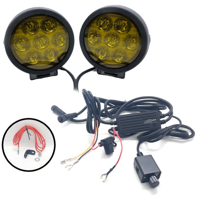 LIU HJG 7 LED Round White Fog Light With Yellow Cap (70W) With Wiring Kit Harness And Adjustable Lumens  Switch Spot Driving Lamp Universal for Car, Bike (Pack Of 2)