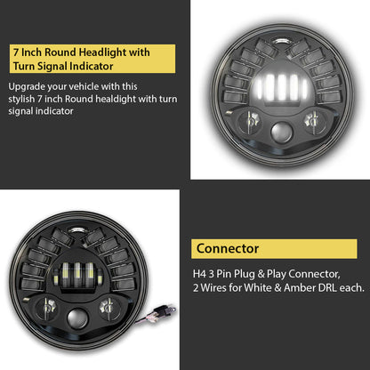 7 Inch Round Led Headlight with Turn Signal Indicator & Hi/Low Beam for Bikes and Cars