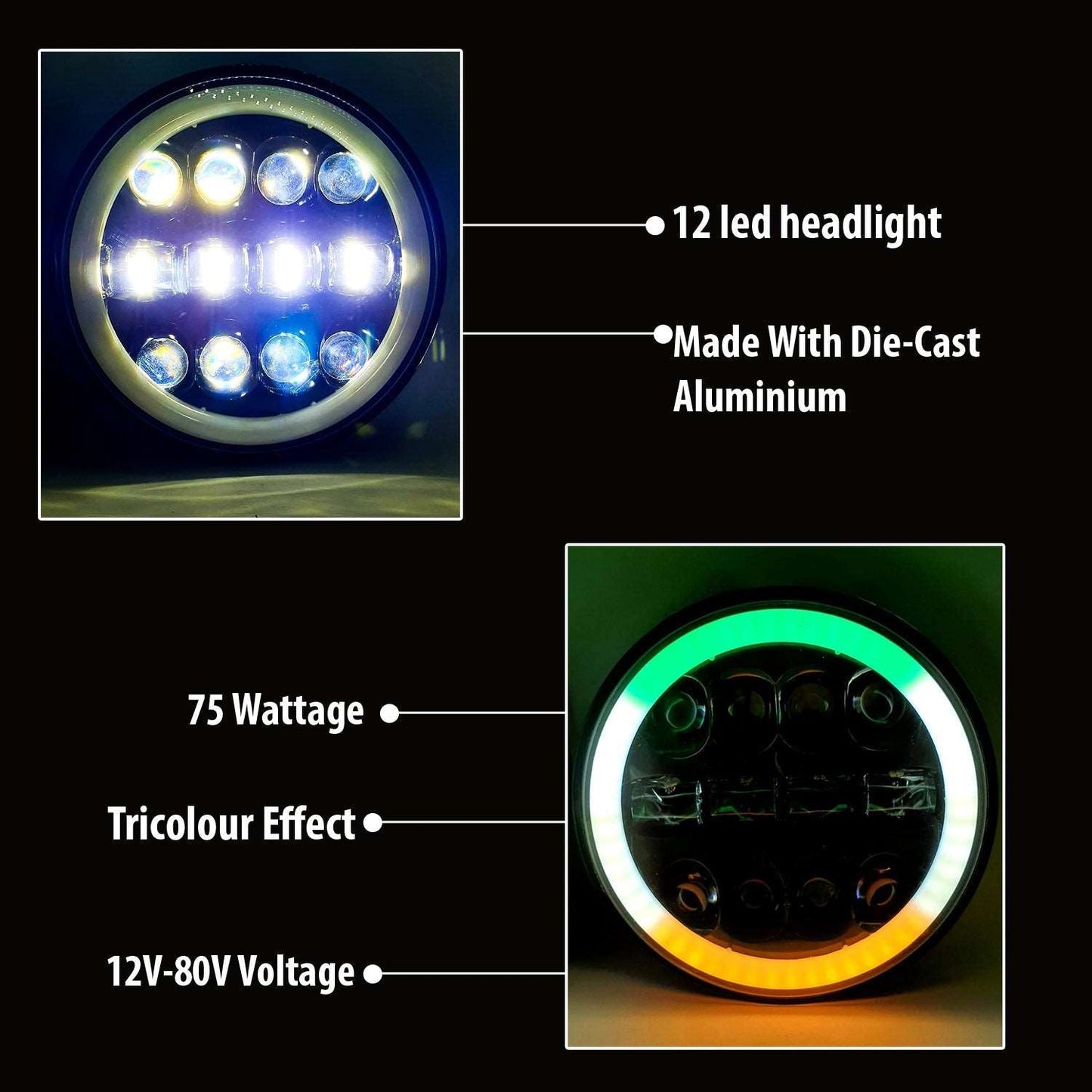 7 Inch Round Led Headlight for Bikes and Cars (12 LED Tiranga) (12V-80V, 75W)