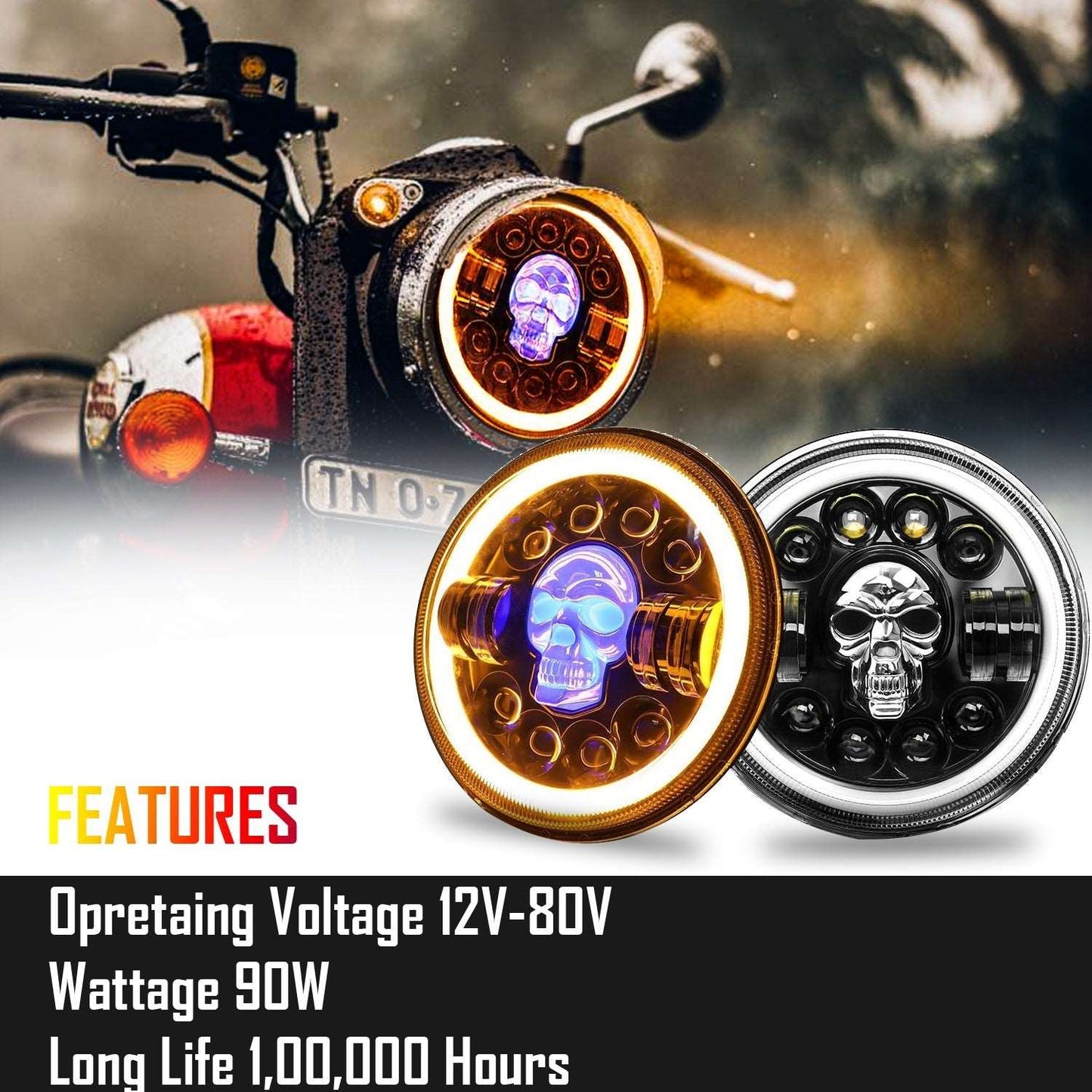 7 Inch Skull Round Led Headlight for Bikes and Cars (12V-80V, 75W to 90W)