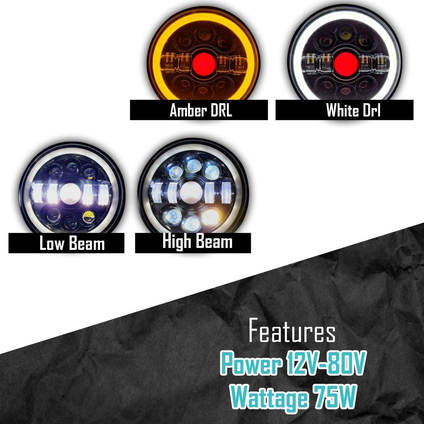 7 Inch Round Led Headlight for Bikes and Cars (12V-80V, 75W) (Round Circle Headlight)