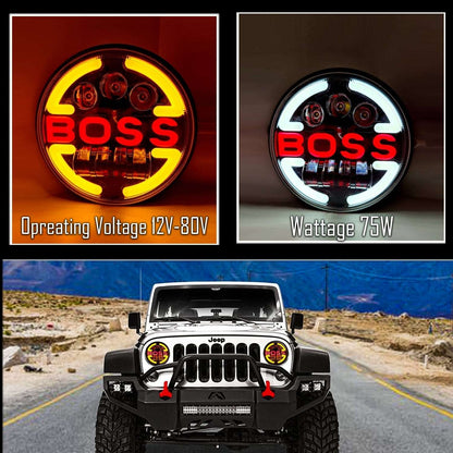 7 Inch Round Led Headlight with BOSS Logo for Bike and Cars