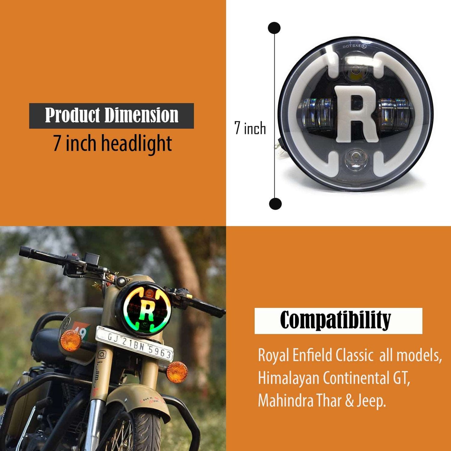 7 Inch Round Led Headlight for Bike and Cars (R Tiranga Led Headlight)