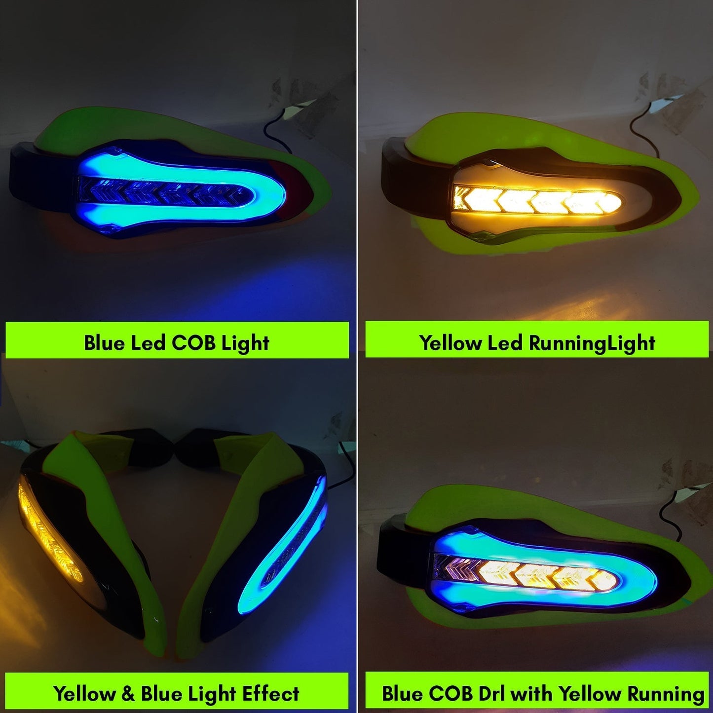 Universal Motorcycle Handguards With Yellow Running LED and Blue COB Light for All Bikes & Scooty (Pack of 2,Green)