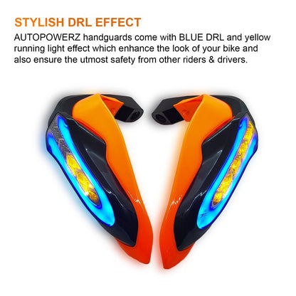 Universal Motorcycle Handguards With Yellow Running LED and Blue COB Light for All Bikes & Scooty (Pack of 2,Orange)