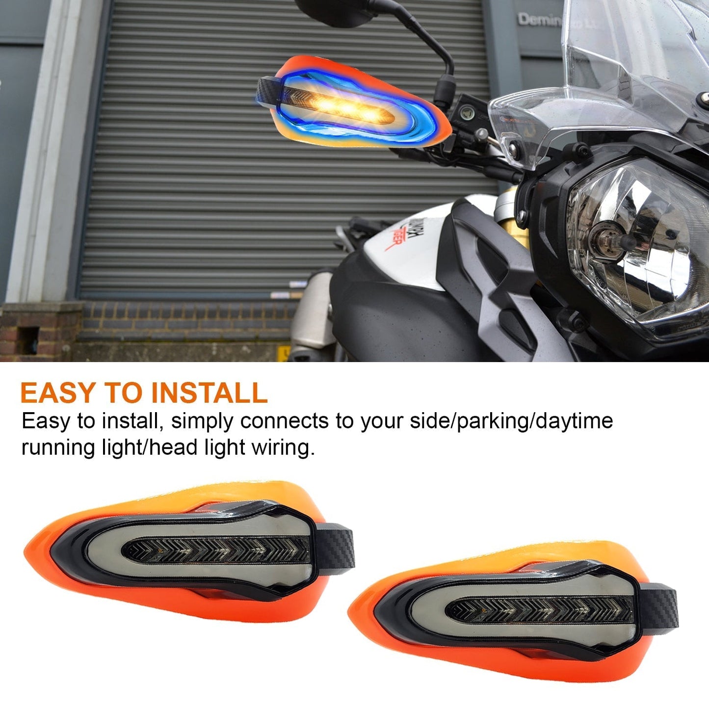 Universal Motorcycle Handguards With Yellow Running LED and Blue COB Light for All Bikes & Scooty (Pack of 2,Orange)