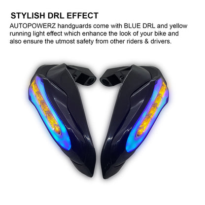 Universal Motorcycle Handguards With Yellow Running LED and Blue COB Light for All Bikes & Scooty (Pack of 2,Black)