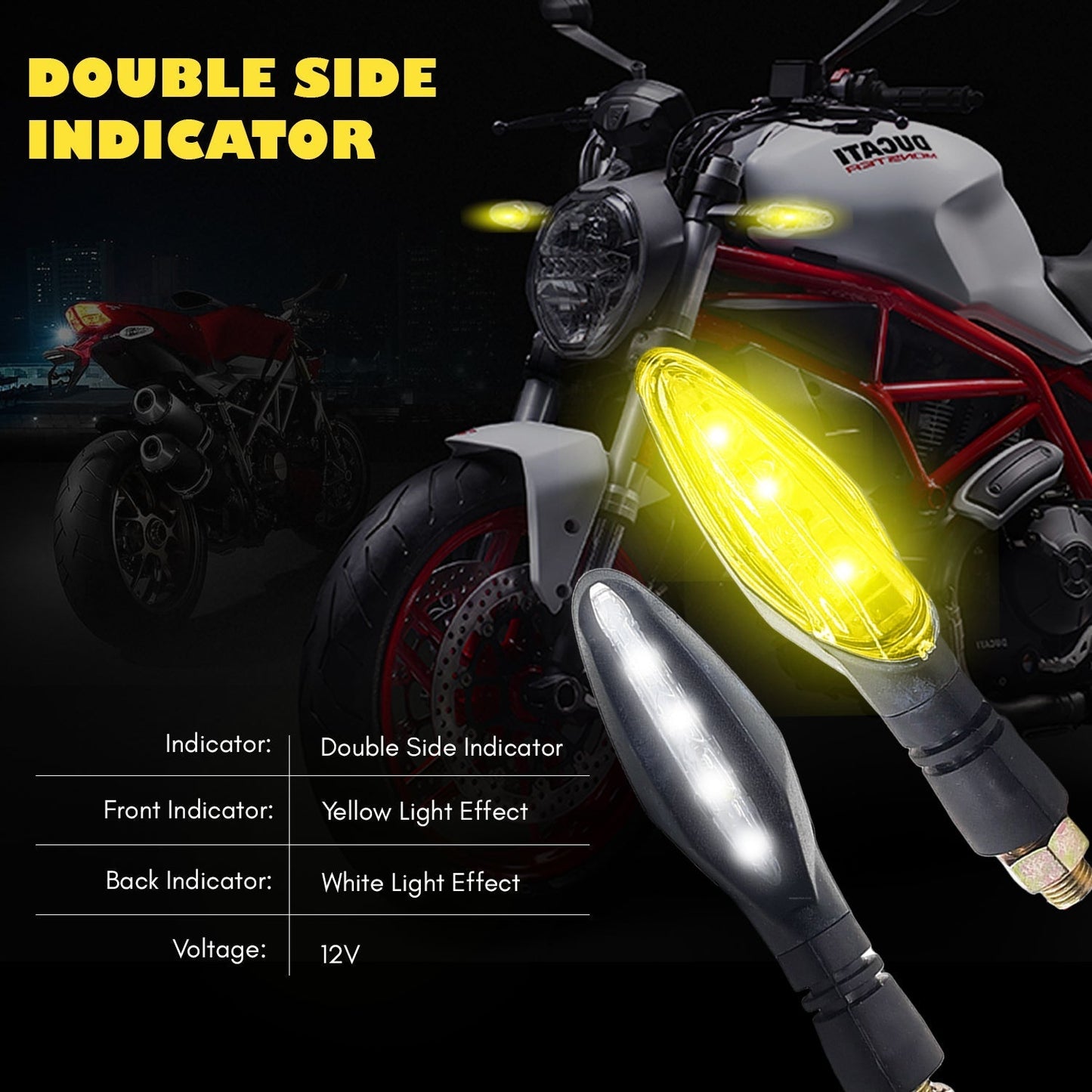 Universal Dual Side LED Motorcycle Indicator Yellow Stable Light with White DRL For All Bikes (Pack of 2)