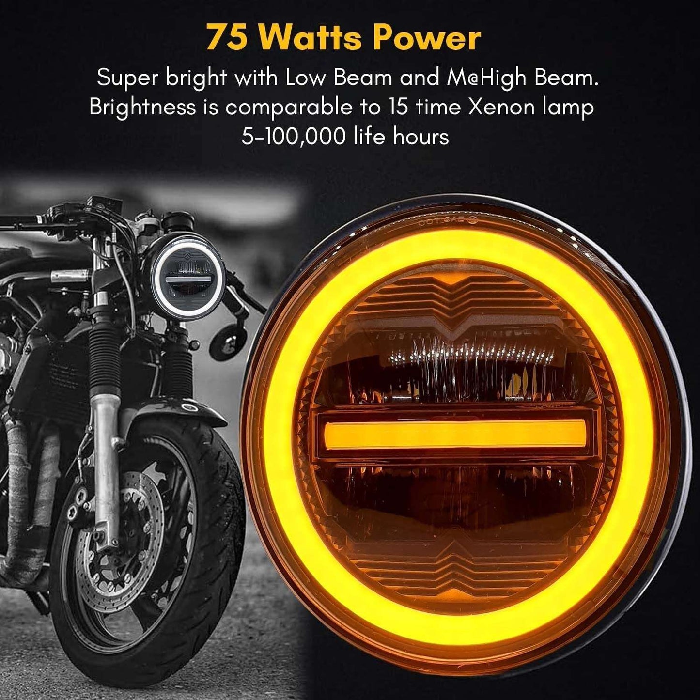 7 Inch Round White LED Headlight 100W (AC/DC 12V-80V) With Amber/White DRL for Bikes & Cars and Other Vehicles