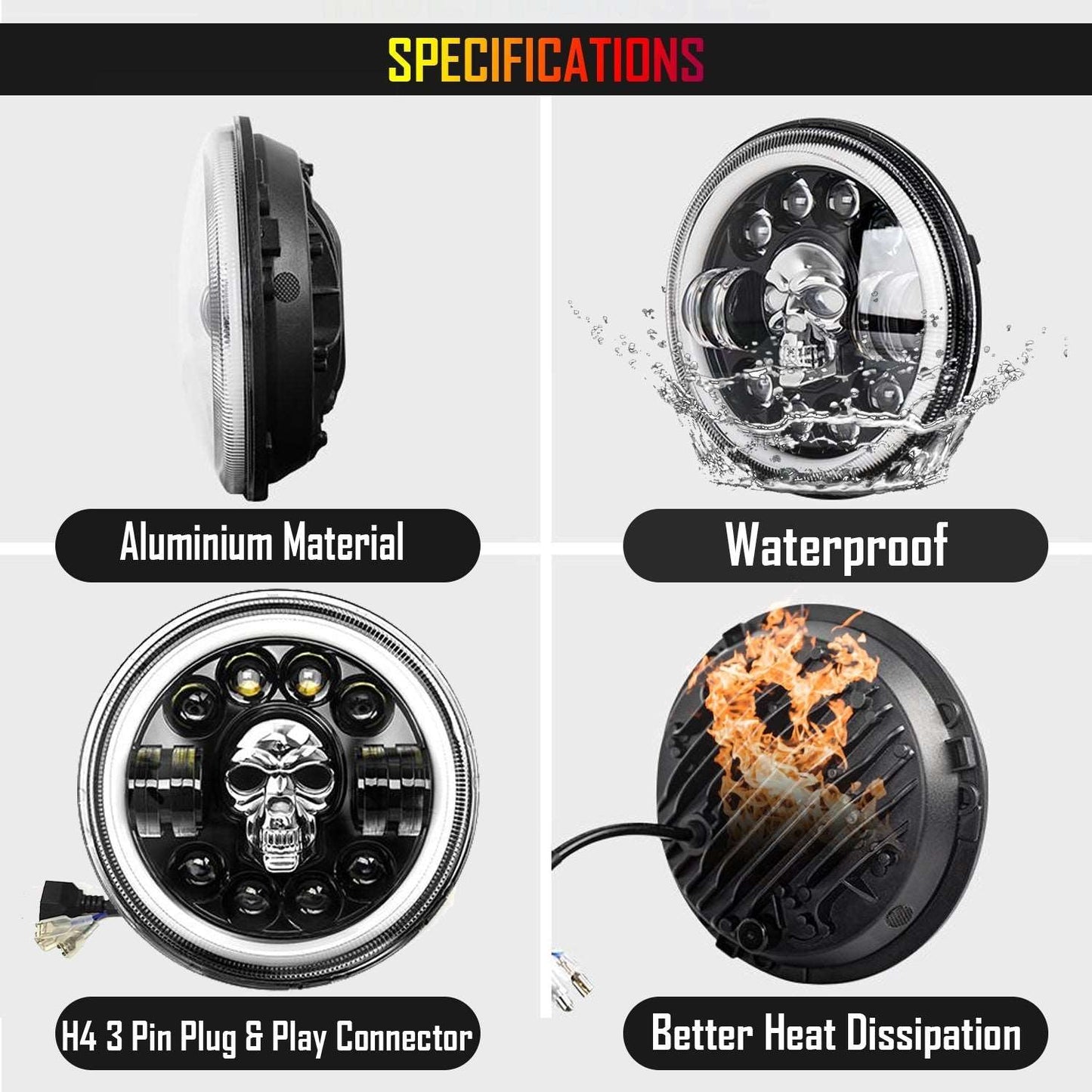 7 Inch Skull Round Led Headlight for Bikes and Cars (12V-80V, 75W to 90W)