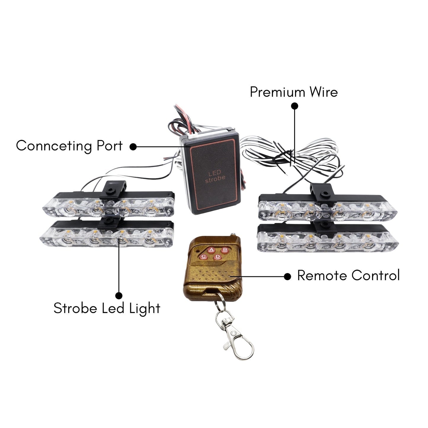 Yellow Car Radiator Grill light with wireless Remote and yellow flashing, strobe & stable light effect (Set of 4)