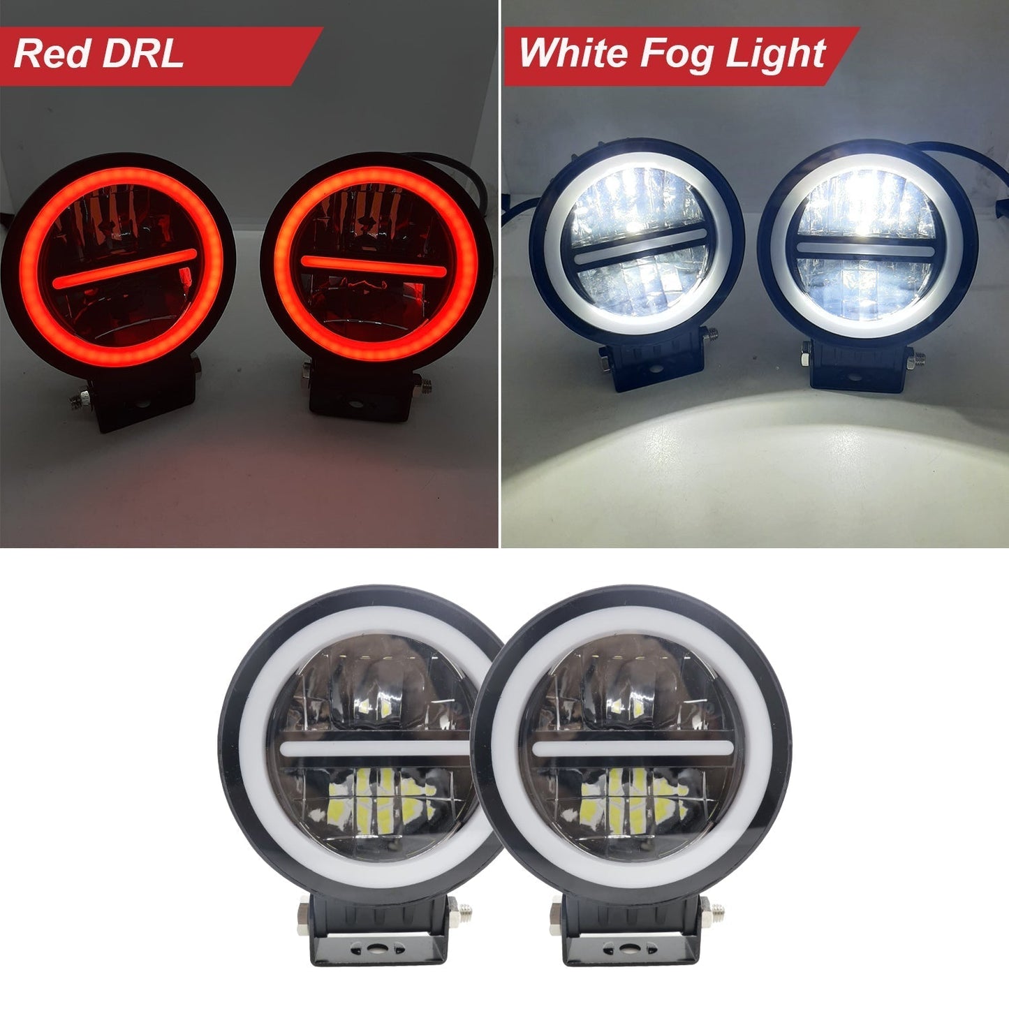 LIU HJG White Led Fog Light With Red DRL Universal For All Bikes, Cars and Trucks (Pack Of 2)