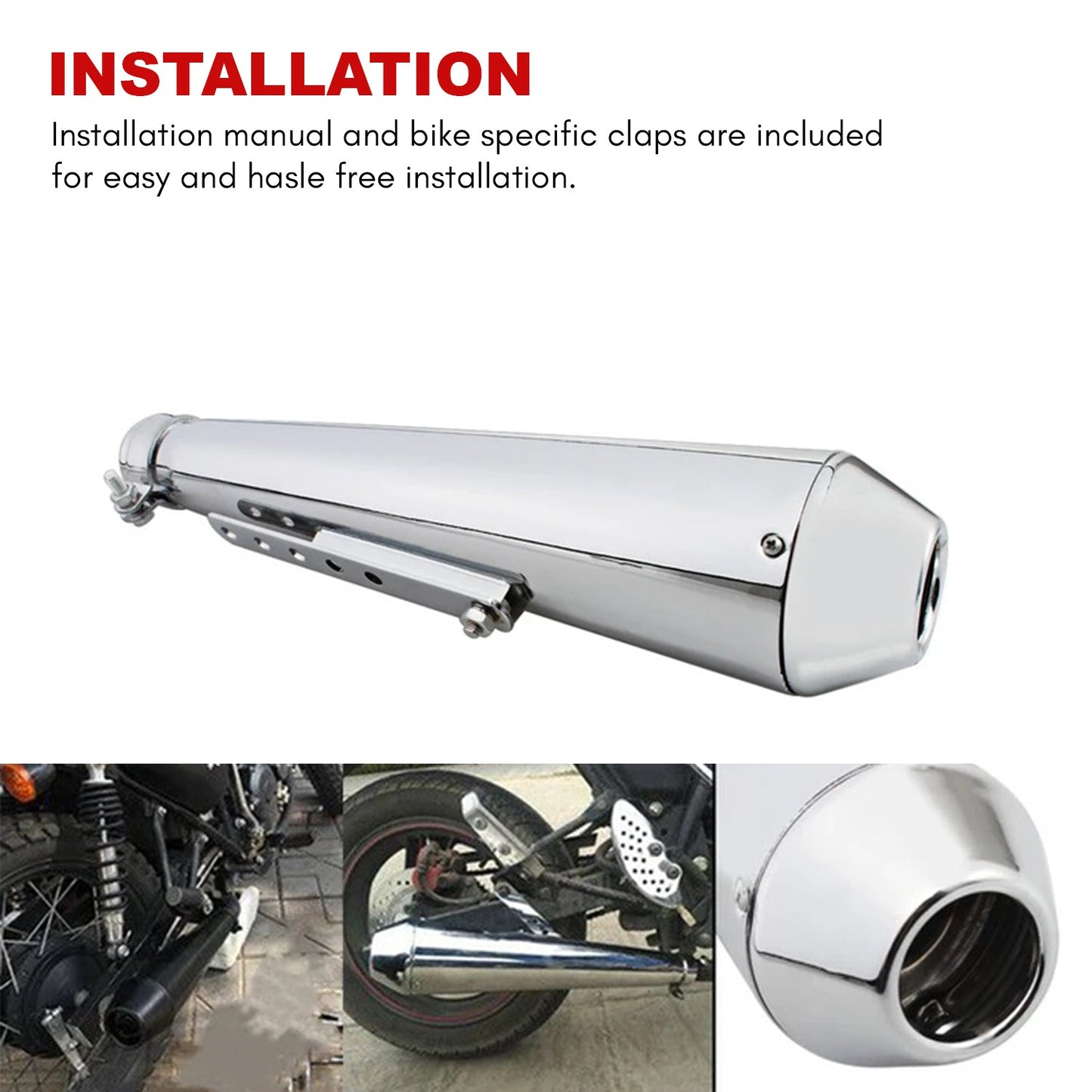 Universal Motorcycle Exhaust Pipe Muffler With Sliding Bracket, Exhaust System Muffler Pipe For All Bike (Silver)