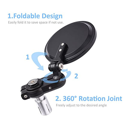 Universal Motorcycle Mirrors - 3 Inch Round Folding Bar End Side Mirror Compatible with Honda, Scooter, Suzuki, Yamaha, Kawasaki, Victory, Harley Davidson and More