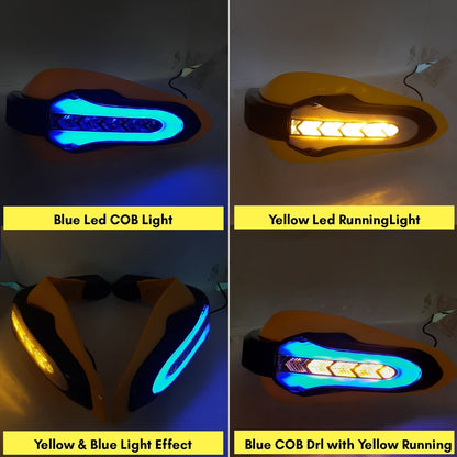 Universal Motorcycle Handguards With Yellow Running LED and Blue COB Light for All Bikes & Scooty (Pack of 2,Yellow)